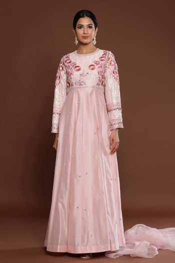 Palak Khandelwal Pink Chanderi, Organza Pearls, Sleeve Hand Embroidered Anarkali With Dupatta Online at Aza Fashions Palak Khandelwal_Pink Chanderi, Organza Pearls, Sleeve Hand Embroidered Anarkali With Dupatta _Online_at_Aza_Fashions
