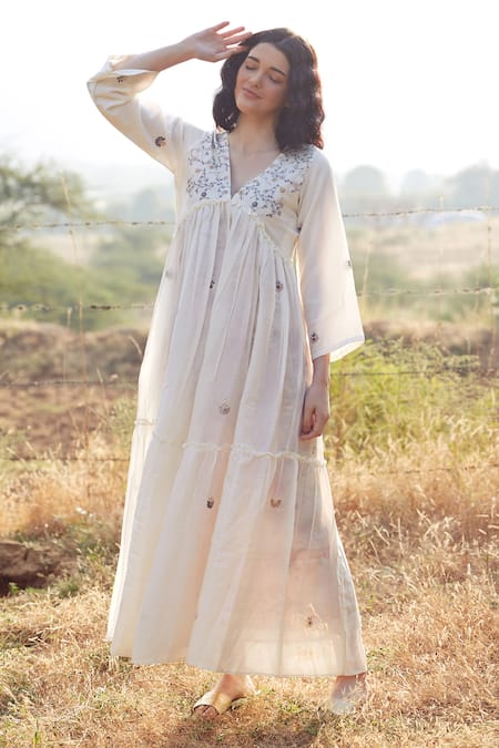 Palak Khandelwal Ivory Cotton, Silk Pearls, Embroidery V-neck Dress