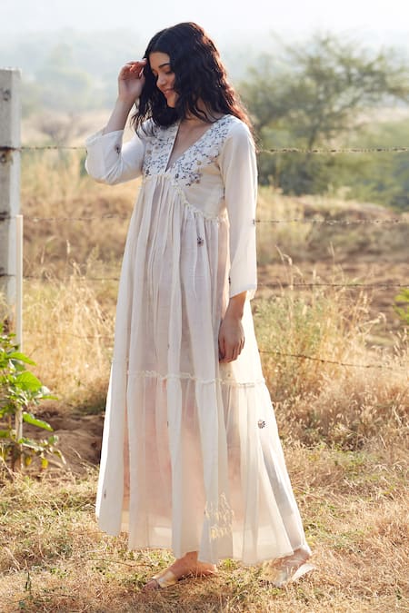 Buy Palak Khandelwal Ivory Cotton, Silk Pearls, Embroidery V-neck Dress Online at Aza Fashions Buy_Palak Khandelwal_Ivory Cotton, Silk Pearls, Embroidery V-neck Dress _Online_at_Aza_Fashions