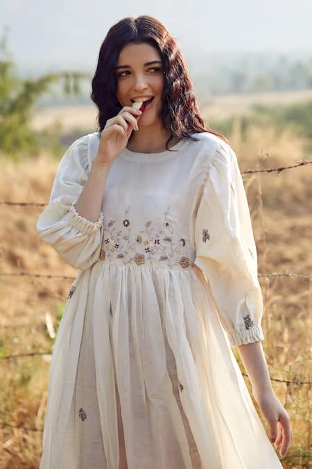 Palak Khandelwal_Ivory Cotton, Silk Pearls, Embroidery Round Neck Dress _Online_at_Aza_Fashions