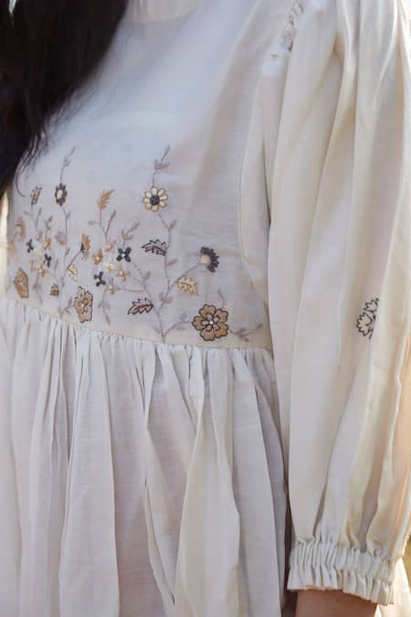 Buy_Palak Khandelwal_Ivory Cotton, Silk Pearls, Embroidery Round Neck Dress _Online_at_Aza_Fashions