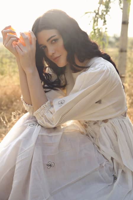 Palak Khandelwal_Ivory Cotton, Silk Pearls, Embroidery Round Neck Dress _at_Aza_Fashions