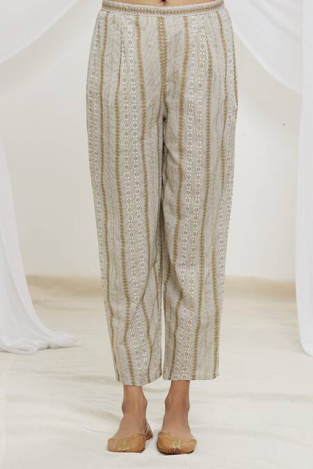 Shop_Samyukta Singhania_Off White Cotton, Silk Lace, Zari Round Neck Geometric Pattern Anarkali Set_Online_at_Aza_Fashions