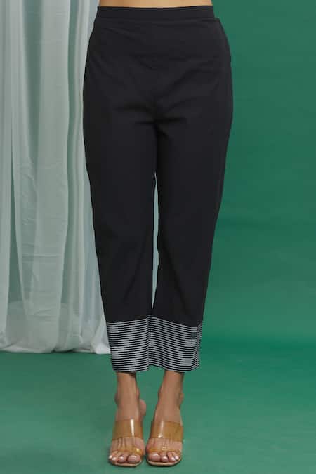 Banana Labs_Black Cotton Round Neck Stripe Print Kurta And Pant Set _at_Aza_Fashions