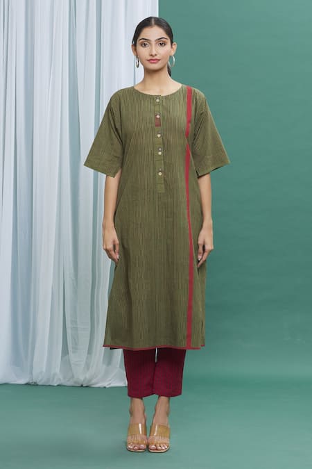 Banana Labs Green Cotton Stripe Round Printed Kurta Set Online at Aza Fashions Banana Labs_Green Cotton Stripe Round Printed Kurta Set _Online_at_Aza_Fashions