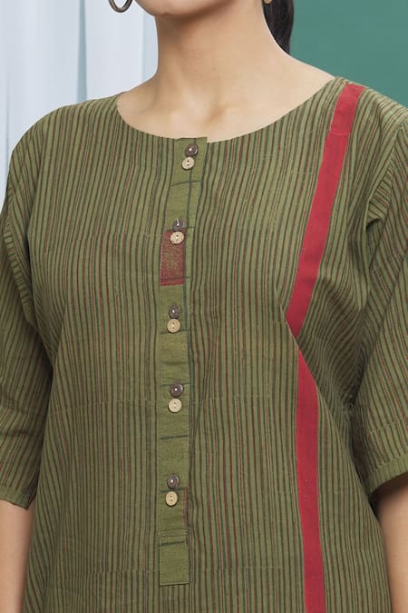 Shop Banana Labs Green Cotton Stripe Round Printed Kurta Set Online at Aza Fashions Shop_Banana Labs_Green Cotton Stripe Round Printed Kurta Set _Online_at_Aza_Fashions