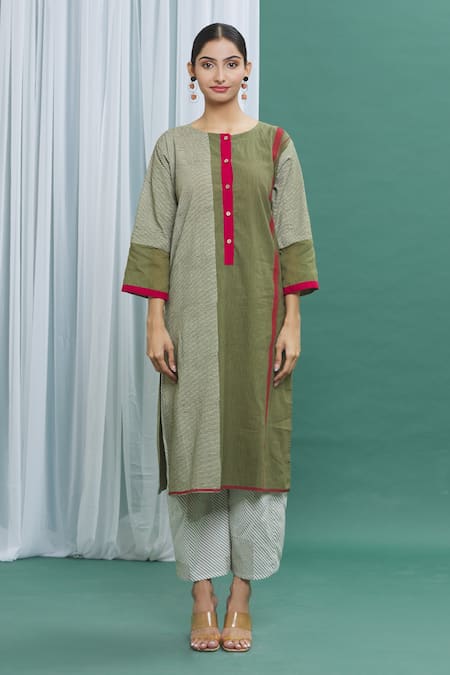 Banana Labs Green Cotton Geometric Round Printed Kurta And Palazzo Set Online at Aza Fashions Banana Labs_Green Cotton Geometric Round Printed Kurta And Palazzo Set _Online_at_Aza_Fashions
