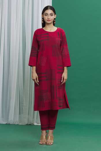 BANANA labs_Red Cotton Round Neck Abstract Print Kurta And Pant Set _Online_at_Aza_Fashions