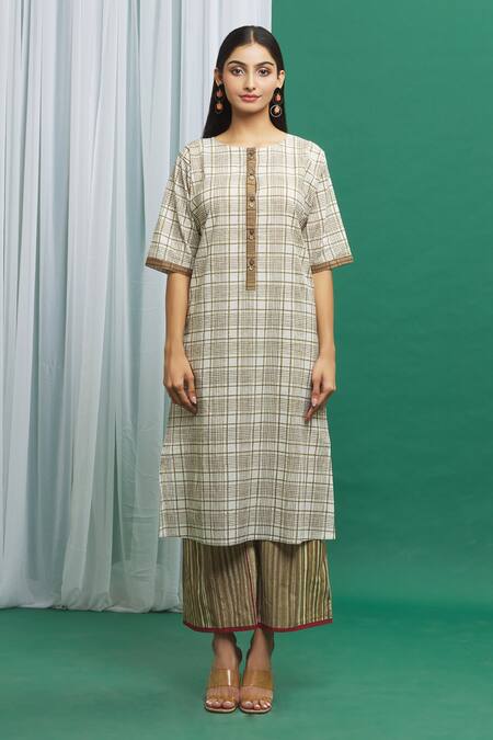 Banana Labs_Brown Cotton Tassels Round Neck Checkered Print Kurta Palazzo Set _Online_at_Aza_Fashions