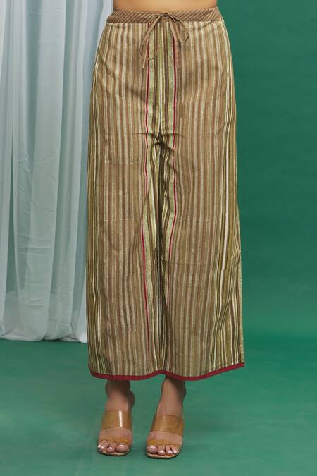 Banana Labs_Brown Cotton Tassels Round Neck Checkered Print Kurta Palazzo Set _at_Aza_Fashions