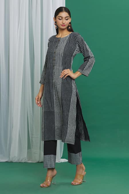 Banana Labs_Black Cotton Printed Stripe Straight Pant _Online_at_Aza_Fashions