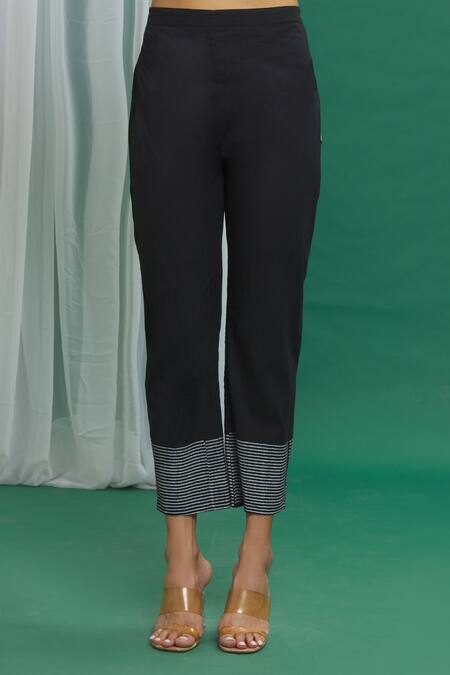 Shop_Banana Labs_Black Cotton Printed Stripe Straight Pant _Online_at_Aza_Fashions