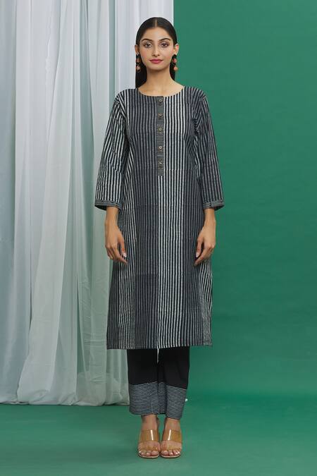 Banana Labs Black Cotton Tassels Round Neck Stripe Printed Kurta Pant Set Online at Aza Fashions Banana Labs_Black Cotton Tassels Round Neck Stripe Printed Kurta Pant Set _Online_at_Aza_Fashions