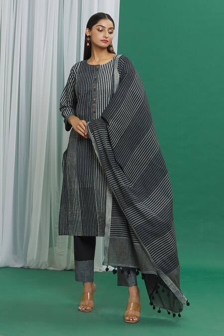 Buy Banana Labs Black Cotton Tassels Round Neck Stripe Printed Kurta Pant Set Online at Aza Fashions Buy_Banana Labs_Black Cotton Tassels Round Neck Stripe Printed Kurta Pant Set _Online_at_Aza_Fashions