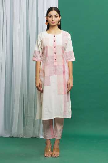 Banana Labs_Pink Cotton Round Neck Print Kurta And Pant Set _Online_at_Aza_Fashions