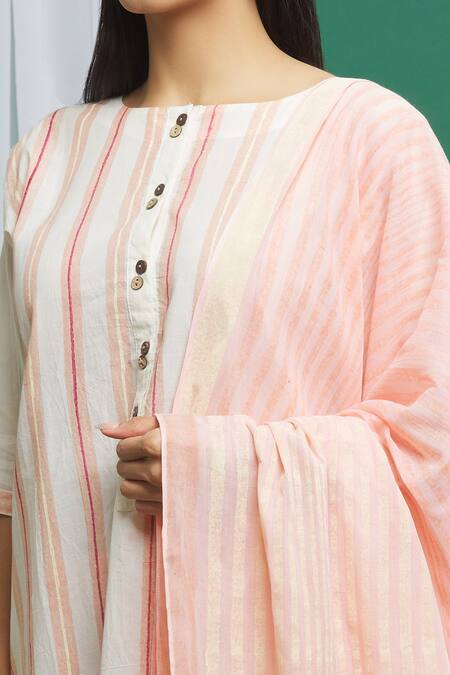 Shop_Banana Labs_Pink Cotton Tassels Round Neck Stripe Print Kurta Set _Online_at_Aza_Fashions