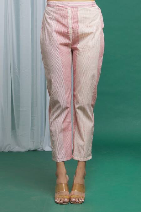 Banana Labs_Pink Cotton Tassels Round Neck Stripe Print Kurta Set _at_Aza_Fashions