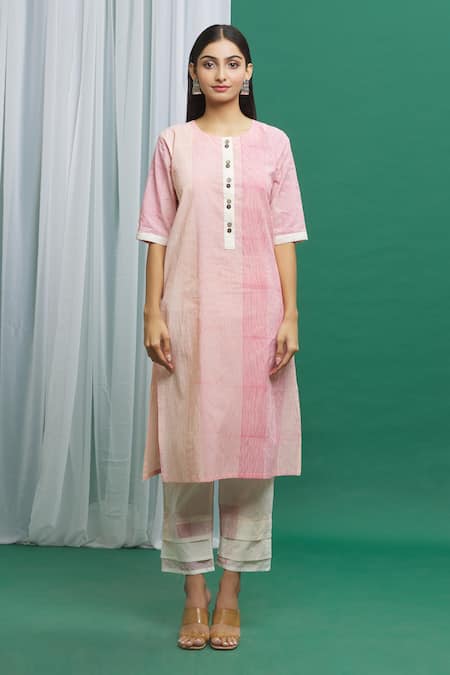 Banana Labs Pink Cotton Round Neck Stripe Pattern Kurta And Pant Set Online at Aza Fashions Banana Labs_Pink Cotton Round Neck Stripe Pattern Kurta And Pant Set _Online_at_Aza_Fashions