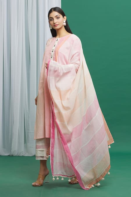 Buy Banana Labs Pink Cotton Round Neck Stripe Pattern Kurta And Pant Set Online at Aza Fashions Buy_Banana Labs_Pink Cotton Round Neck Stripe Pattern Kurta And Pant Set _Online_at_Aza_Fashions