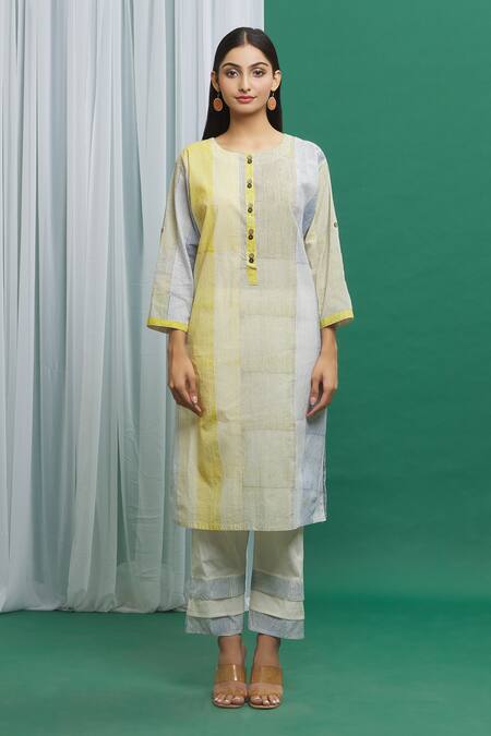 Banana Labs_Blue Cotton Pom-poms Round Neck Stripe Pattern Kurta Set _at_Aza_Fashions