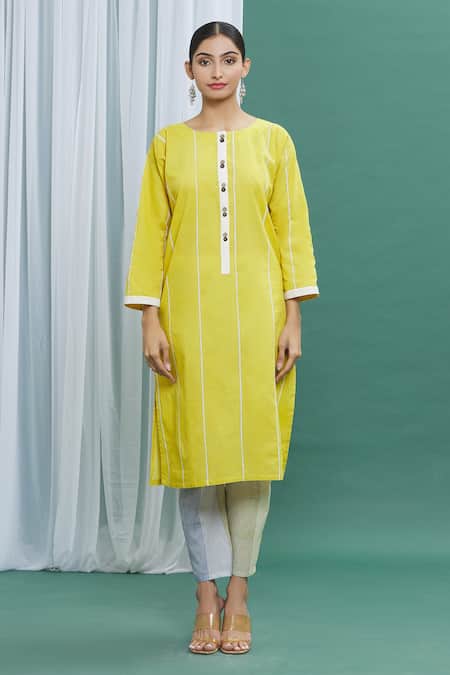 Banana Labs_Yellow Cotton Stripes Round Printed Kurta _Online_at_Aza_Fashions