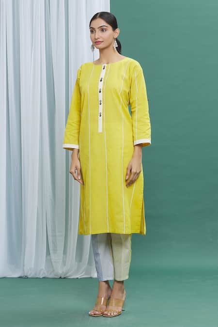Buy_Banana Labs_Yellow Cotton Stripes Round Printed Kurta _Online_at_Aza_Fashions