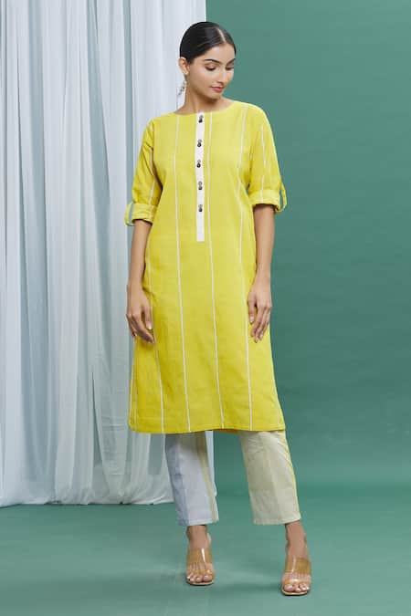 Shop_Banana Labs_Yellow Cotton Stripes Round Printed Kurta _Online_at_Aza_Fashions