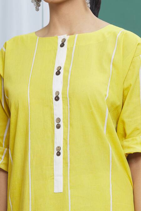 Banana Labs_Yellow Cotton Stripes Round Printed Kurta _at_Aza_Fashions