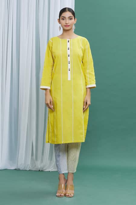 Banana Labs_Yellow Cotton Stripes Round Printed Kurta And Pant Set _Online_at_Aza_Fashions