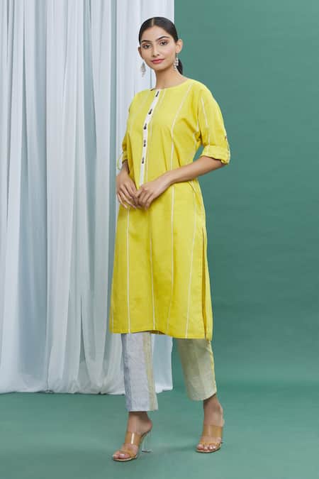 Shop_Banana Labs_Yellow Cotton Stripes Round Printed Kurta And Pant Set _Online_at_Aza_Fashions