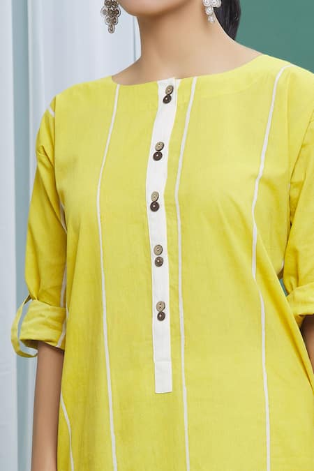 Banana Labs_Yellow Cotton Stripes Round Printed Kurta And Pant Set _at_Aza_Fashions