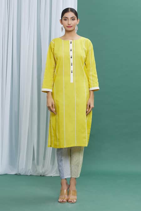 Banana Labs Yellow Cotton Stripes Round Printed Straight Kurta Set Online at Aza Fashions Banana Labs_Yellow Cotton Stripes Round Printed Straight Kurta Set _Online_at_Aza_Fashions