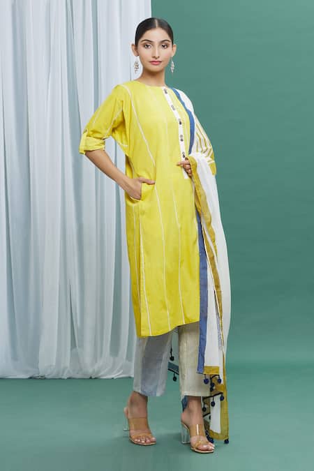 Buy Banana Labs Yellow Cotton Stripes Round Printed Straight Kurta Set Online at Aza Fashions Buy_Banana Labs_Yellow Cotton Stripes Round Printed Straight Kurta Set _Online_at_Aza_Fashions