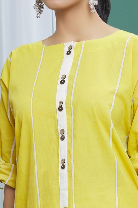 Shop Banana Labs Yellow Cotton Stripes Round Printed Straight Kurta Set Online at Aza Fashions Shop_Banana Labs_Yellow Cotton Stripes Round Printed Straight Kurta Set _Online_at_Aza_Fashions