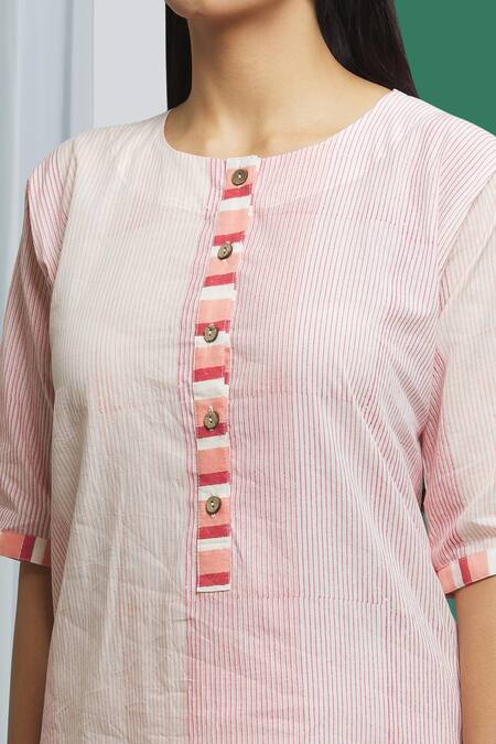 Shop Banana Labs Pink Cotton Tassels Round Neck Hand Block Print Kurta Set Online at Aza Fashions Shop_Banana Labs_Pink Cotton Tassels Round Neck Hand Block Print Kurta Set _Online_at_Aza_Fashions