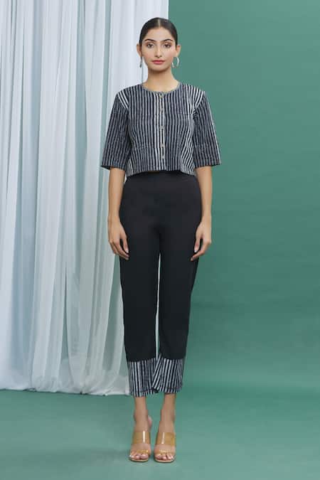 Banana Labs_Black Cotton Stripes Round Handprinted Crop Top _at_Aza_Fashions