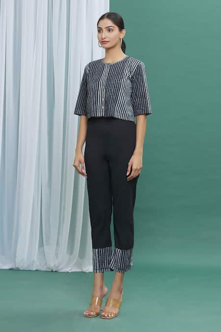 Banana Labs_Black Cotton Stripes Round Handprinted Crop Top _Online_at_Aza_Fashions