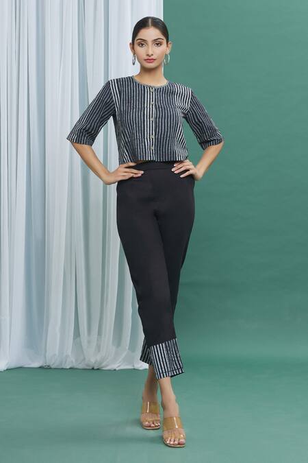 Buy_Banana Labs_Black Cotton Stripes Round Handprinted Crop Top _Online_at_Aza_Fashions