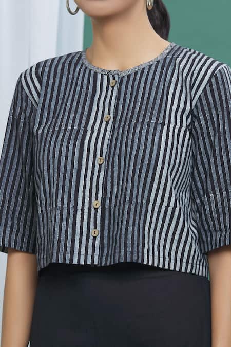 Shop_Banana Labs_Black Cotton Stripes Round Handprinted Crop Top _Online_at_Aza_Fashions