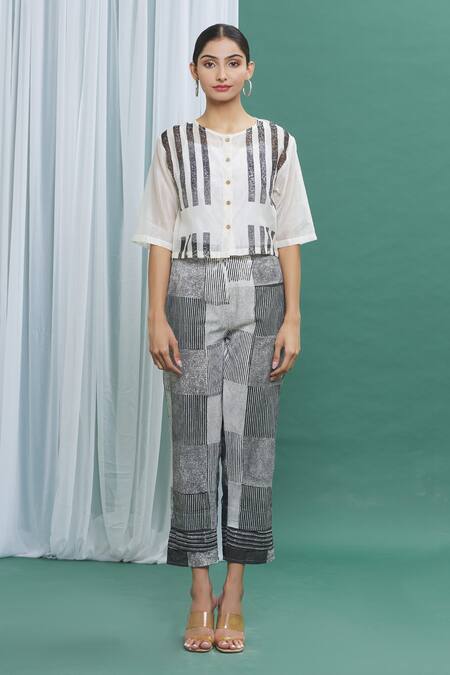 Banana Labs_Black Cotton Checks, Stripes Round Printed Crop Top With Pant _at_Aza_Fashions