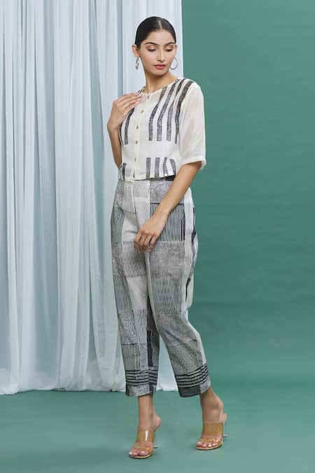 Banana Labs_Black Cotton Checks, Stripes Round Printed Crop Top With Pant _Online_at_Aza_Fashions