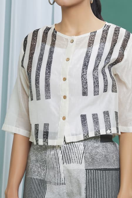 Buy_Banana Labs_Black Cotton Checks, Stripes Round Printed Crop Top With Pant _Online_at_Aza_Fashions