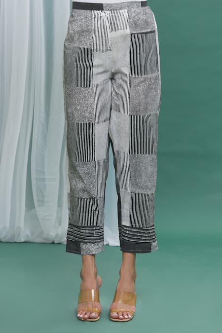 Shop_Banana Labs_Black Cotton Checks, Stripes Round Printed Crop Top With Pant _Online_at_Aza_Fashions