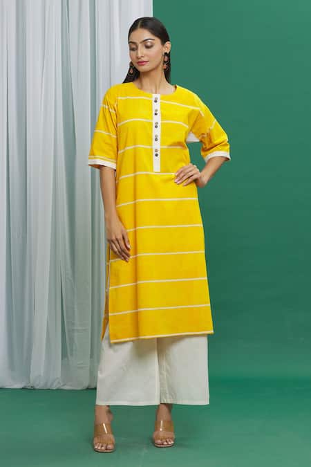 Shop_Banana Labs_Yellow Cotton Round Neck Stripe Pattern Kurta And Palazzo Set _Online_at_Aza_Fashions
