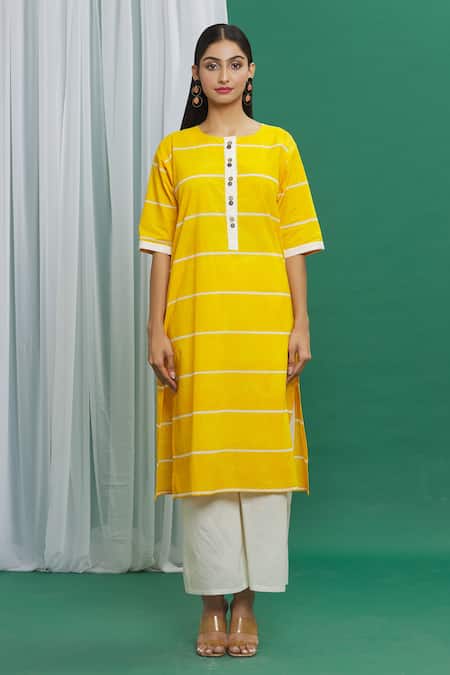 Banana Labs_Yellow Cotton Round Neck Stripe Pattern Kurta And Palazzo Set _at_Aza_Fashions