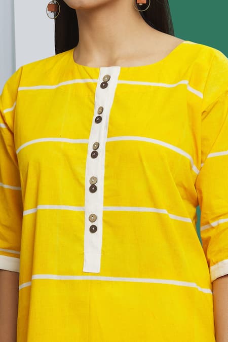 Banana Labs_Yellow Cotton Round Neck Stripe Pattern Kurta And Palazzo Set _Online_at_Aza_Fashions