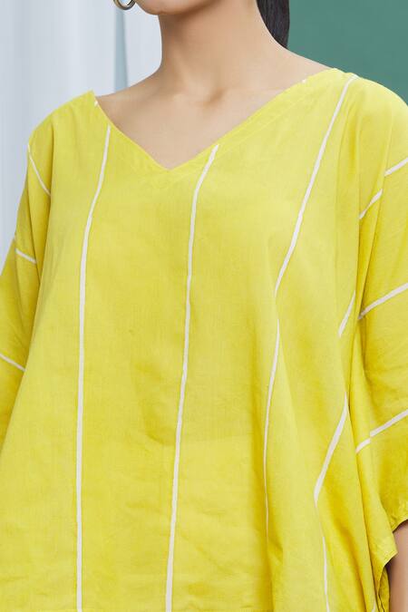 Banana Labs_Yellow Cotton Printed Stripes V Neck Pattern Kaftan Top_at_Aza_Fashions