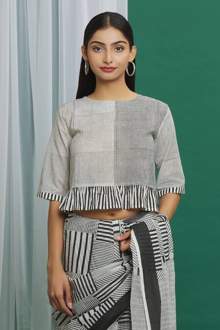 Shop_Banana Labs_Black Cotton Printed Hand Block Round Crop Top_Online_at_Aza_Fashions