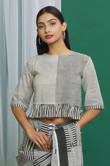 Banana Labs_Black Cotton Printed Hand Block Round Crop Top_Online_at_Aza_Fashions