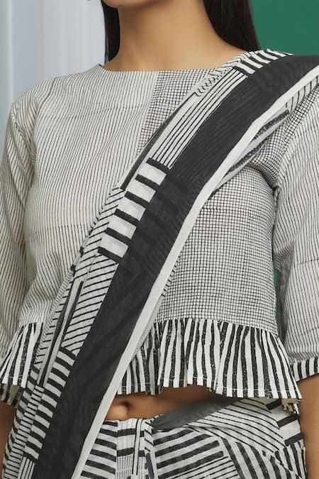 Buy Banana Labs Black Cotton Pom-poms Round Neck Hand Block Print Saree With Crop Top Online at Aza Fashions Buy_Banana Labs_Black Cotton Pom-poms Round Neck Hand Block Print Saree With Crop Top _Online_at_Aza_Fashions